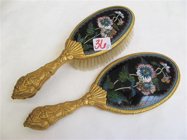 Appraisal: LADY'S CLOISONNE MIRROR HAIRBRUSH SET pieces with raised decoration on