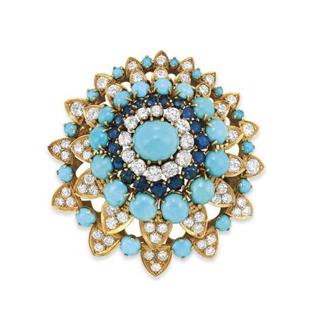 Appraisal: Gold Turquoise Sapphire and Diamond Flower Brooch Estimate -