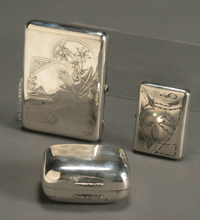 Appraisal: Two Russian Silver Cigarette Cases and a Soap Box Each