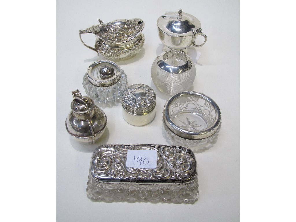 Appraisal: Lot comprising silver mustard silver mounted salts match striker and