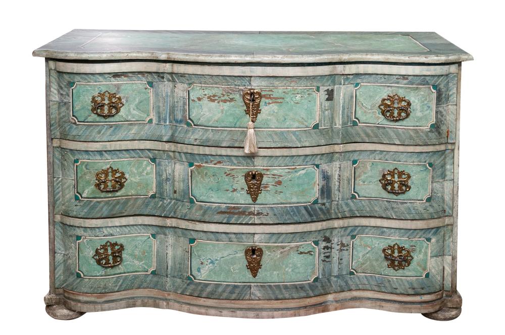 Appraisal: AUSTRIAN BAROQUE PAINTED THREE DRAWER COMMODEthe serpentine top with marbleized