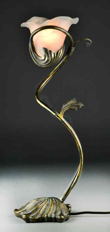 Appraisal: Art Nouveau Metal Flower-form Table LampTwisting tendrils support a single