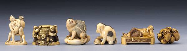 Appraisal: A group of six contemporary ivory netsuke Including a sumo