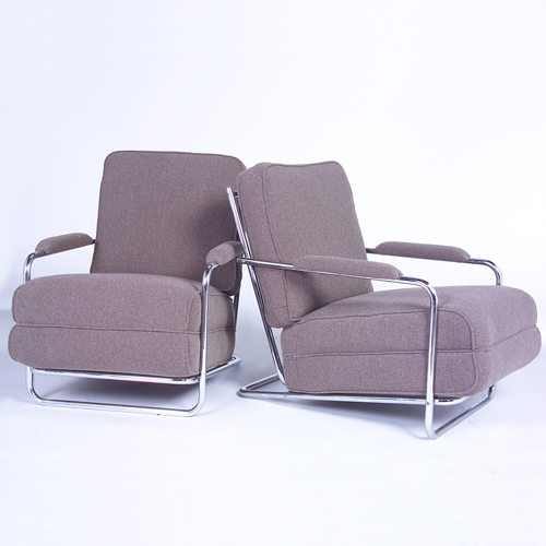 Appraisal: GILBERT ROHDE TROY SUNSHADE Pair of lounge chairs with tubular