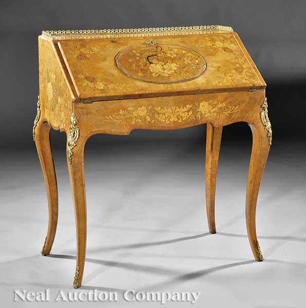 Appraisal: An Antique Continental Walnut Marquetry and Brass-Mounted Bureau de Dame