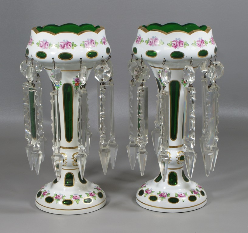 Appraisal: Pair of White Cut to Green Overlay Lustres with painted