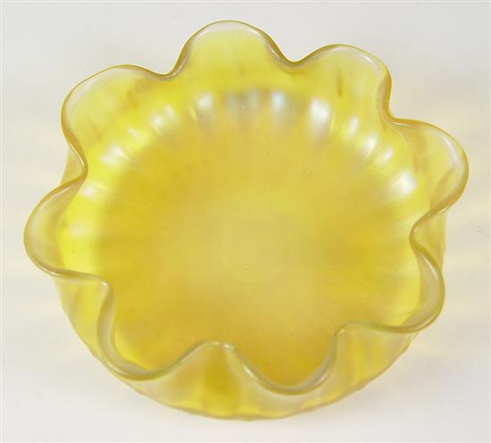 Appraisal: Loetz Style Bowl Yellow iridescent bowl with scalloped edge x