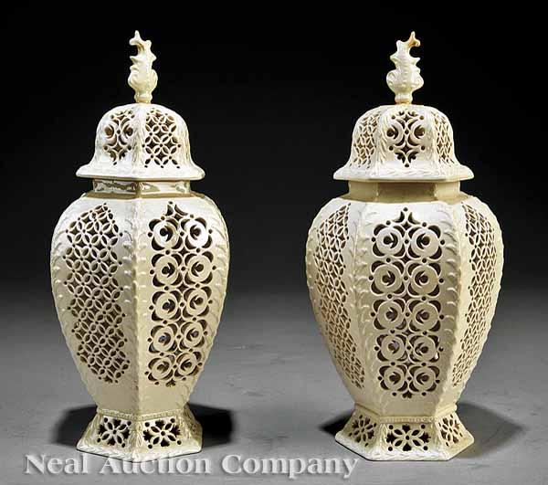 Appraisal: A Pair of Wedgwood Creamware Reticulated Potpourri Urns early th