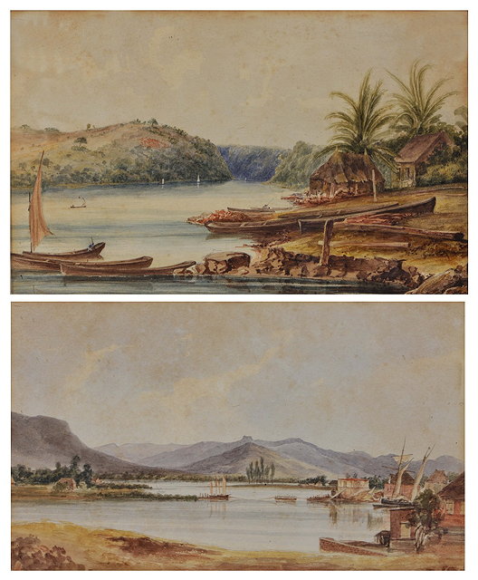 Appraisal: th Century SchoolTwo foreign landscape views showing rivers watercolours cm