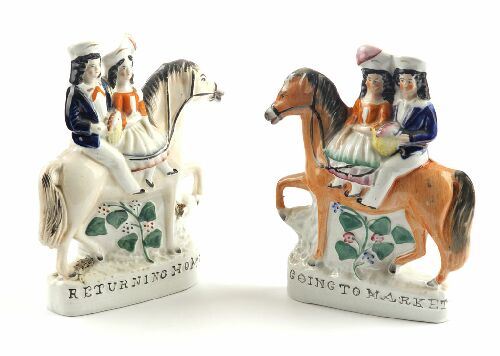 Appraisal: Two similar th century Staffordshire figure groups 'Going to Market'