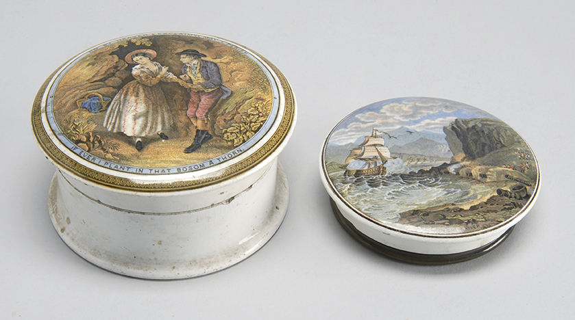 Appraisal: TWO PRATTWARE BOXES powder box with decoration of a gentleman