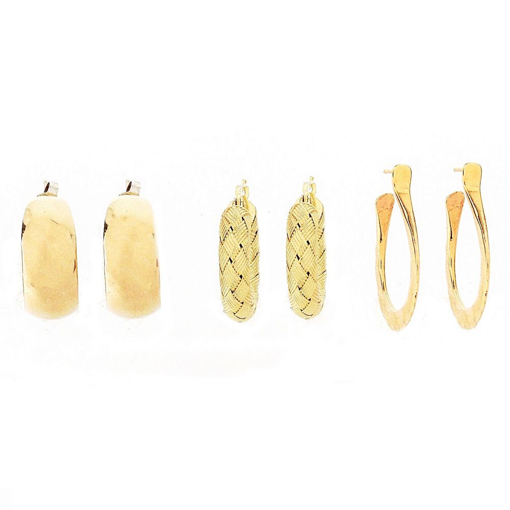 Appraisal: Vintage Gold Earrings Three Pairs of Vintage Yellow Gold Hoop