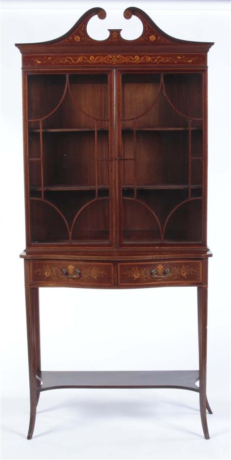 Appraisal: An Edwardian mahogany and floral marquetry display cabinet the swan-neck