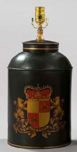 Appraisal: George VI Parcel-Gilt Tole-Peinte Armorial Tea Canister of cylindrical form