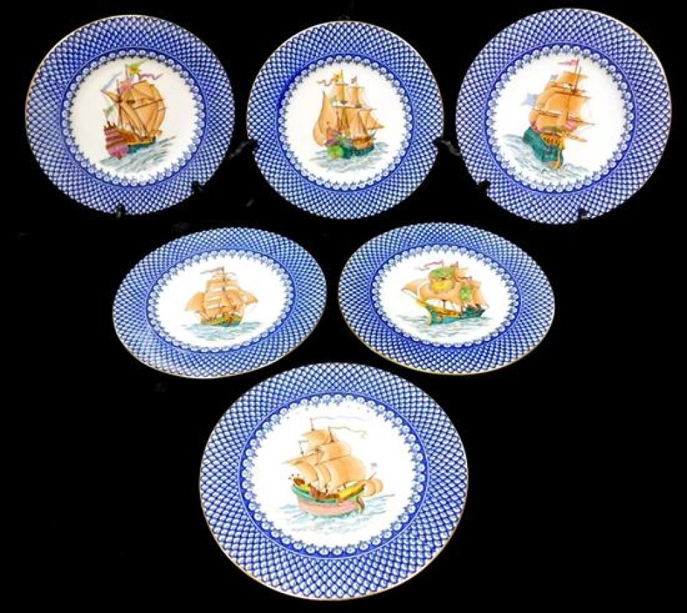 Appraisal: Six Wedgwood dinner plates hand-painted ship decoration to center with