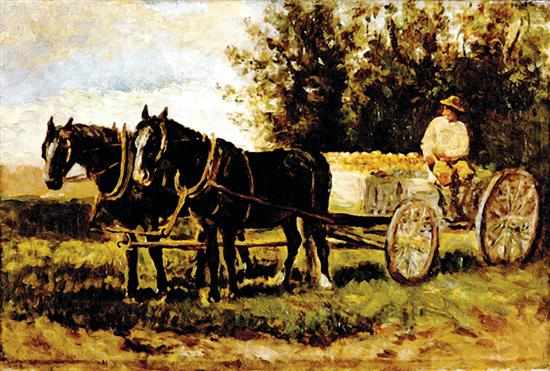 Appraisal: American school th century WAGON SCENE oil on canvas unframed