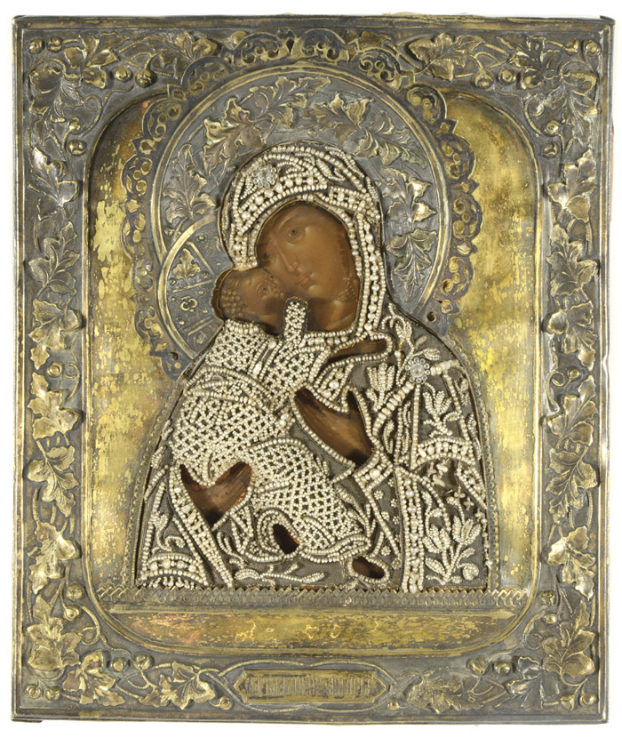 Appraisal: RUSSIAN ICON VLADIMIR MOTHER OF GOD with th century repousse