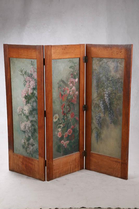 Appraisal: THREE PANELED SCREEN Panels have handpainted floral decoration cased in