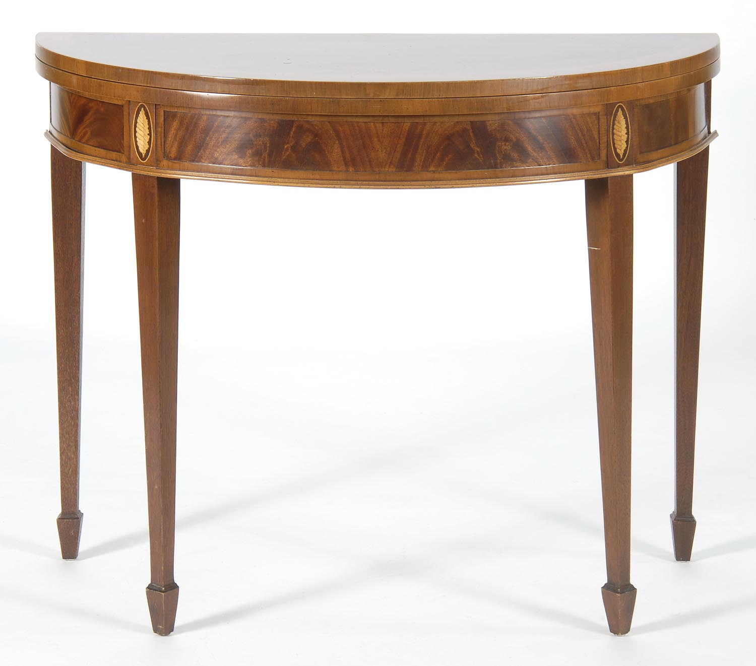 Appraisal: HEPPLEWHITE-STYLE CONSOLE CARD TABLE in mahogany and crotched mahogany veneers