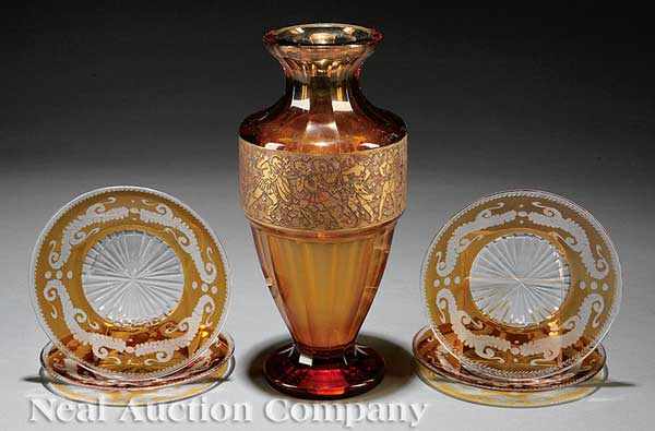 Appraisal: A Moser Enameled and Etched Amber Glass Vase c signed