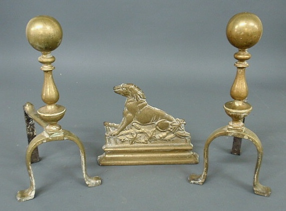 Appraisal: Pair of brass andirons with ball tops h and a