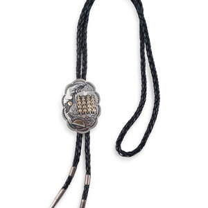 Appraisal: Hopi Silver Overlay Pueblo Scene Bolo Tie with K Gold