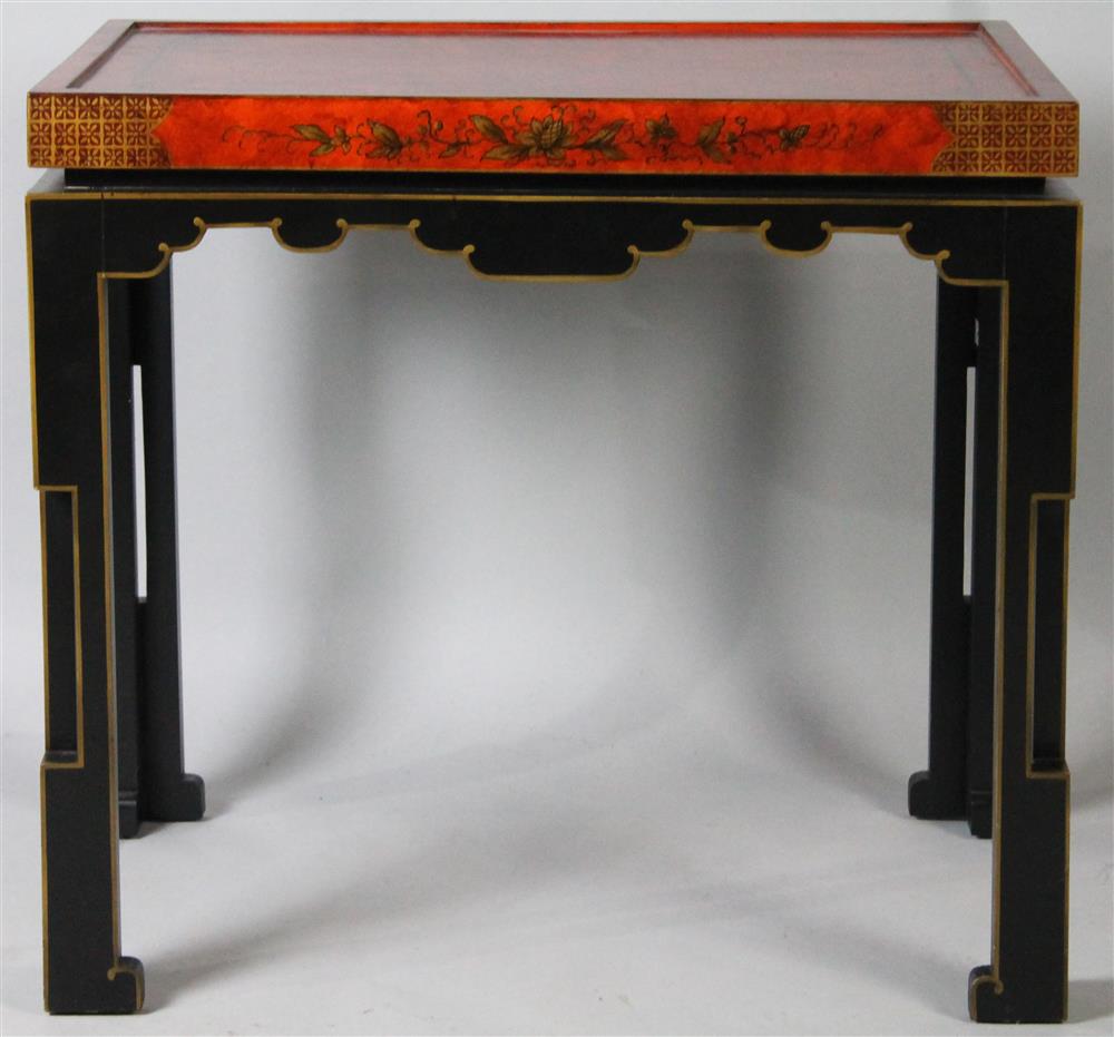 Appraisal: CHINOISERIE STYLE PAINTED SIDE TABLE black decorative lined rectangular red