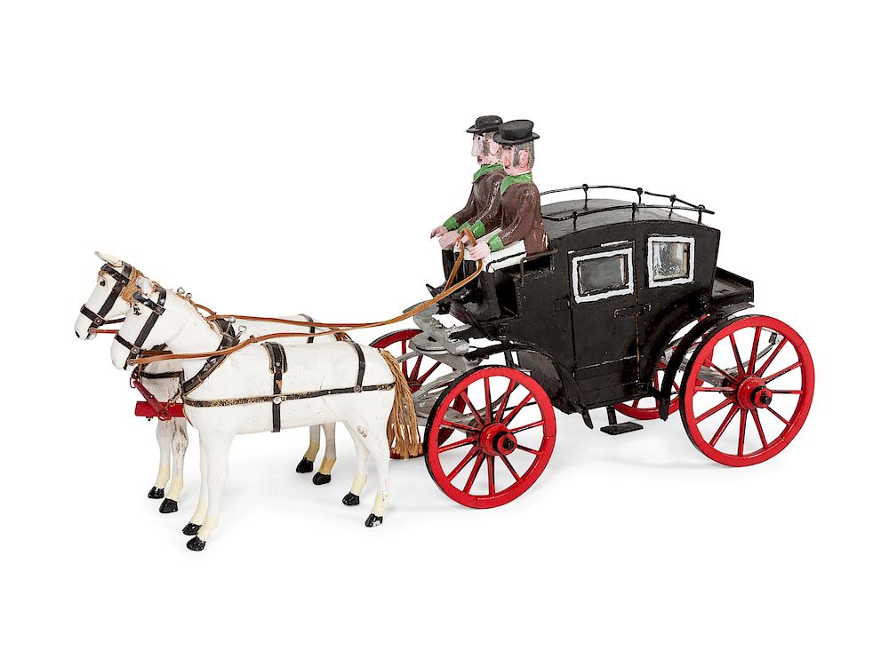 Appraisal: A Folk Art Carved and Painted Wood Two-Horse Carriage and