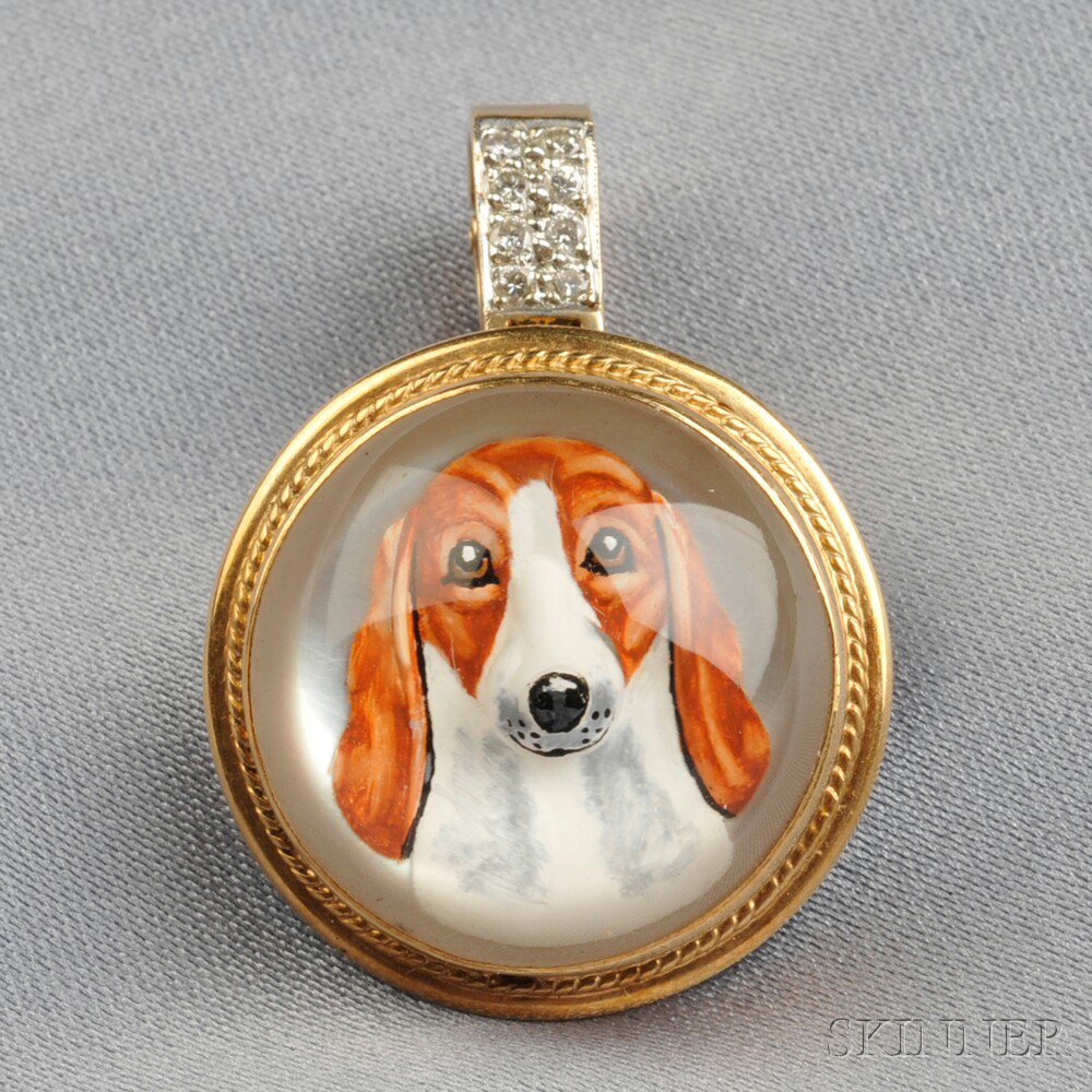 Appraisal: kt Gold and Reverse-painted Crystal Pendant depicting a basset hound