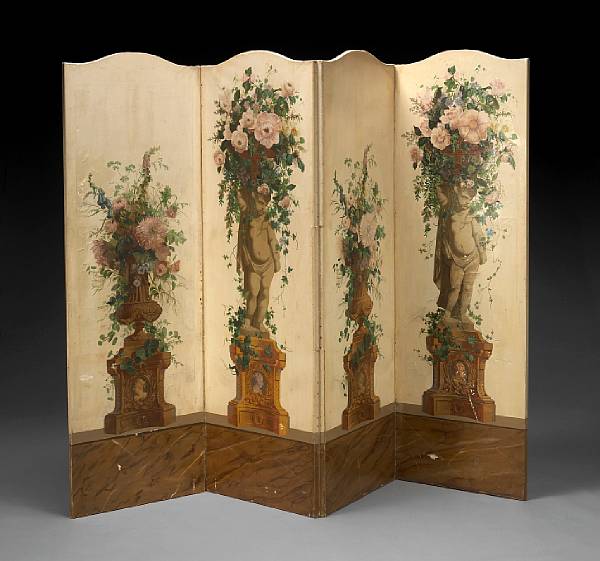 Appraisal: A Continental paint decorated four fold floor screen Each panel