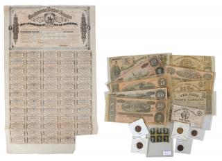 Appraisal: Seventeen Confederate Bills and Tokens including Confederate bond sheet dated