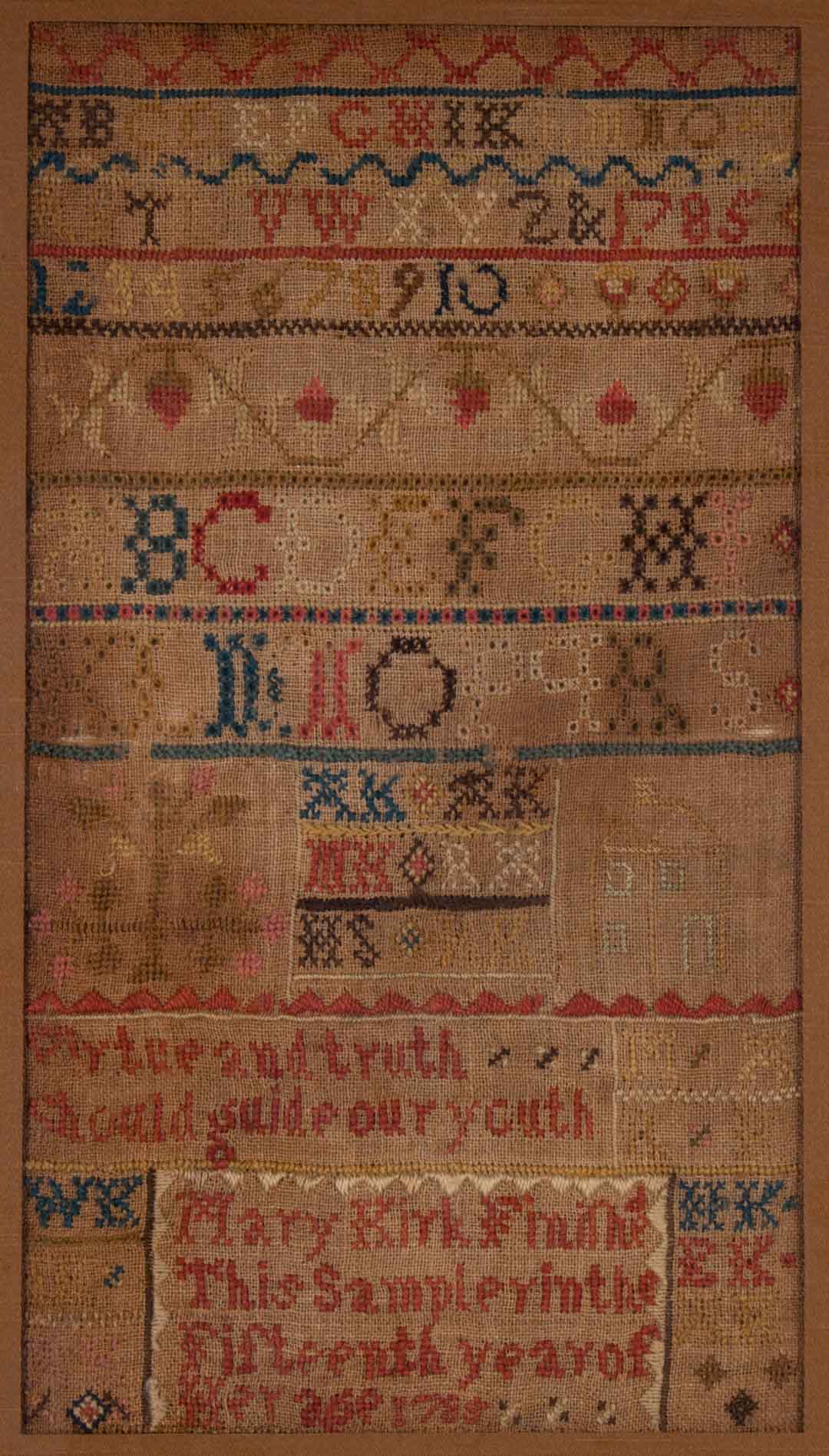 Appraisal: th c American needlepoint sampler framed Worked by Mary Kirk