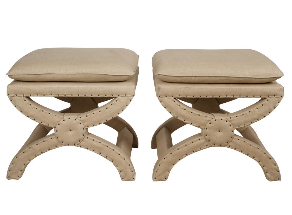 Appraisal: PAIR RESTORATION HARDWARE FULLY UPHOLSTERED STOOLSeach with label to underside