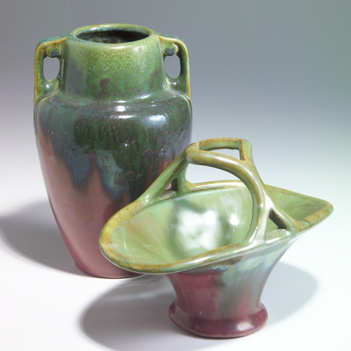 Appraisal: FULPER Two pieces covered in Moss-to-Rose flambe glaze a two-handled