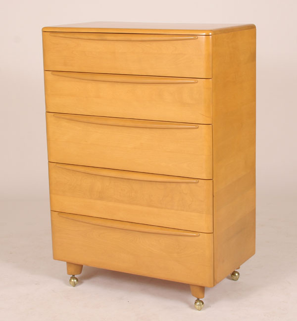 Appraisal: Heywood Wakefield Wheat drawer rolling dresser with applied contoured handles