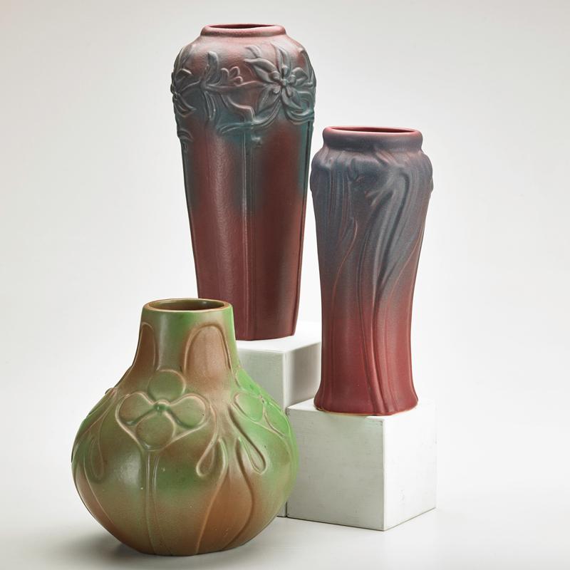 Appraisal: VAN BRIGGLE Three vases daffodil columbine and quatrefoils Persian Rose