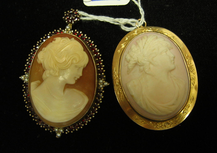 Appraisal: TWO PORTRAIT CAMEO PENDANT BROOCHES both set in yellow gold