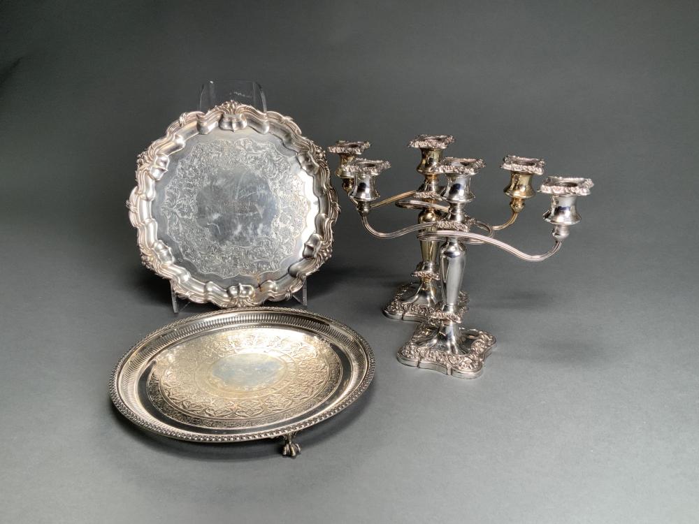 Appraisal: PAIR ENGLISH SILVERPLATE CANDELABRA AND TWO SALVERSPair English Silverplate Candelabra