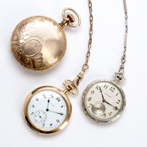 Appraisal: Three pocket watches k yg Waltham Railroad Grade jewels adj