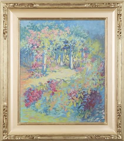 Appraisal: Garden with arbor oil on canvas x relined SLR Harriette