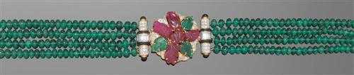 Appraisal: EMERALD RUBY AND DIAMOND SAUTOIR Yellow gold Elegant four-row sautoir