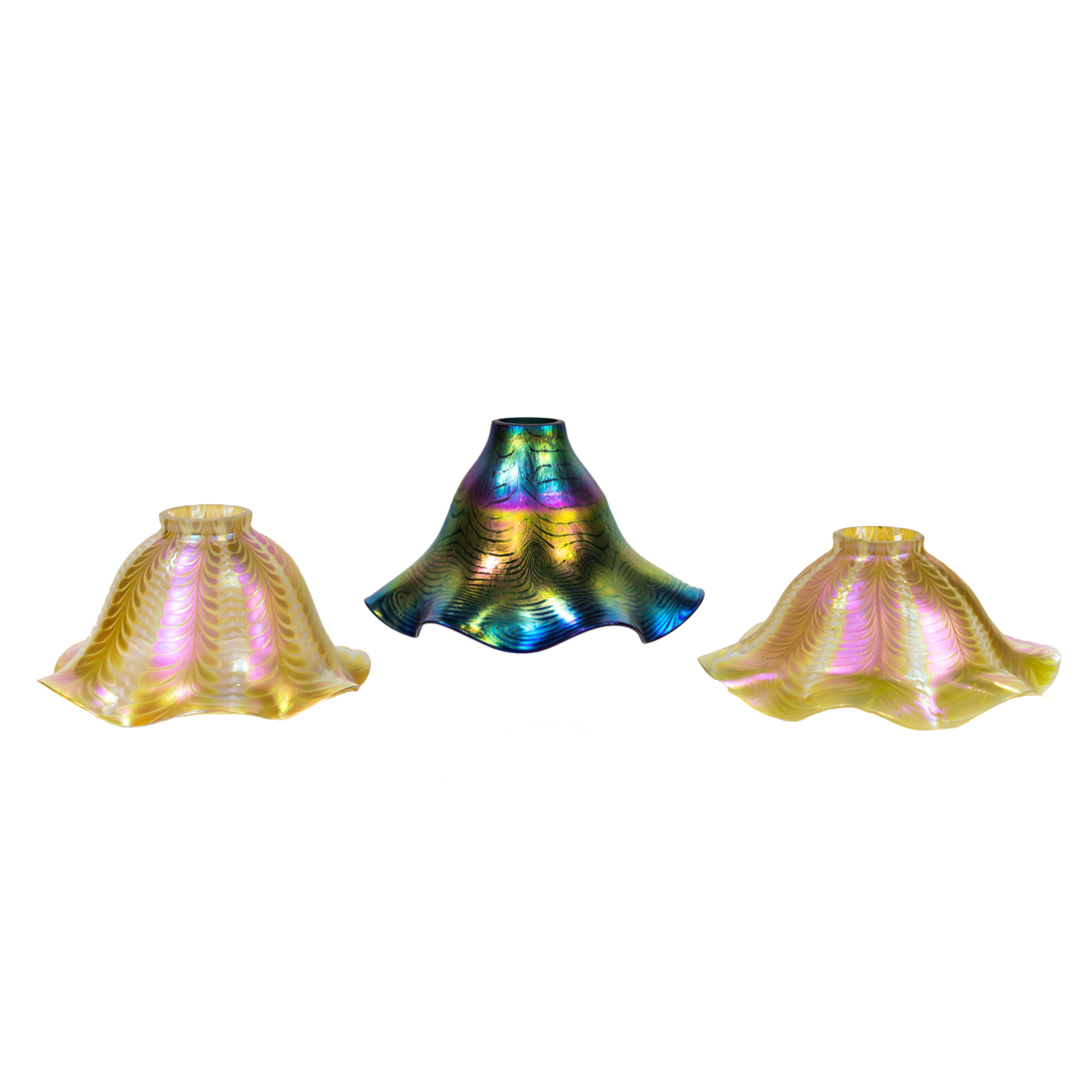 Appraisal: Lundberg Studios Lamp Shades USA iridescent glass dated comprising pair