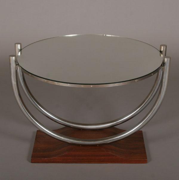 Appraisal: Modern round mirrored coffee table on rosewood veneer base H