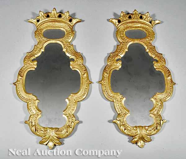 Appraisal: A Small Pair of Antique Venetian Carved Giltwood Mirrors crowned