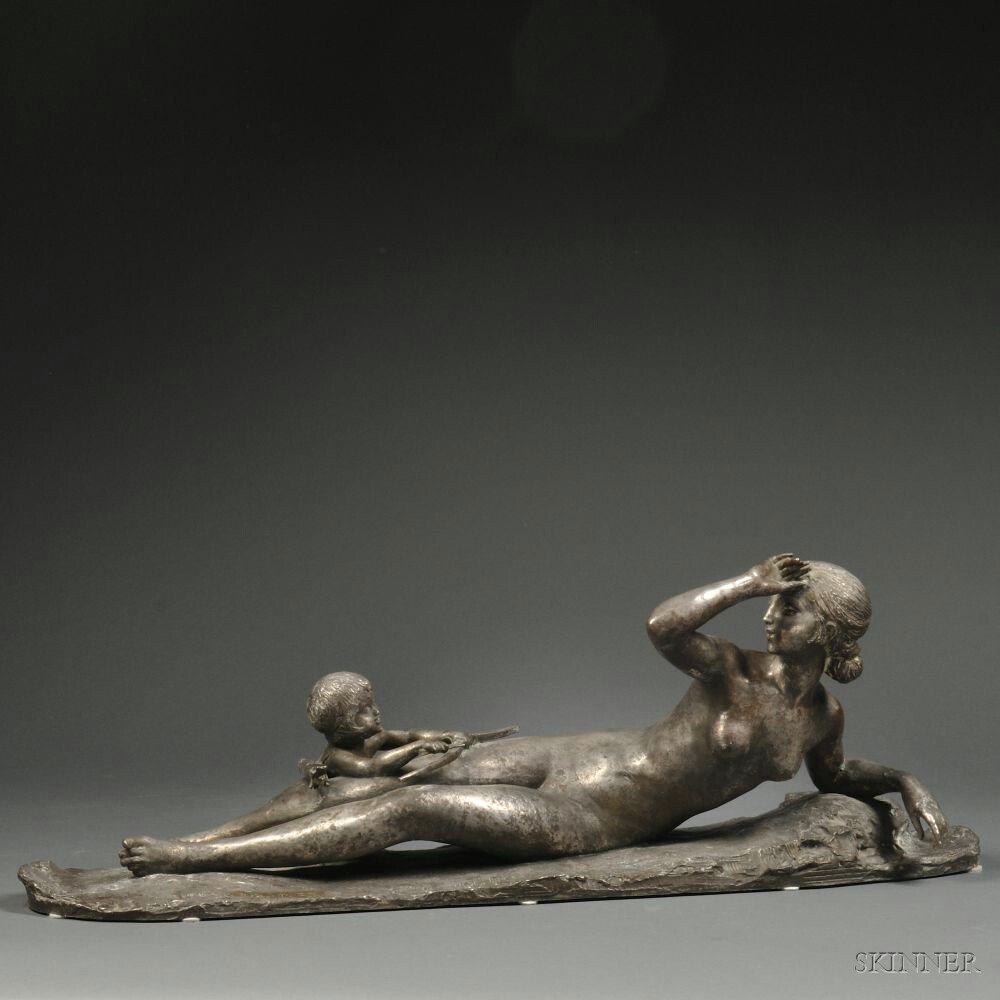 Appraisal: Ary Bitter French - Silvered Bronze Nymph with Cherub the