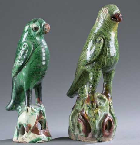 Appraisal: Pair of Chinese Aubergine Parrots Hand-painted unmarked Repairs to bases