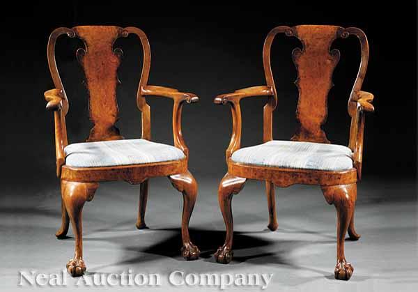 Appraisal: A Pair of Antique Queen Anne Carved Walnut Armchairs shaped