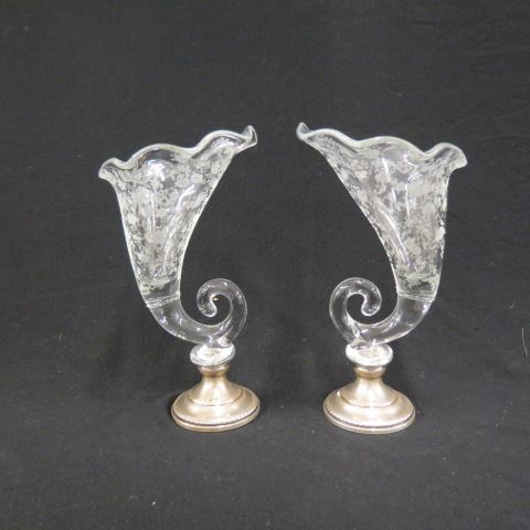 Appraisal: Pair of Cambridge Chantilly Glass Cornucopia Vasetched crystal sterling silver