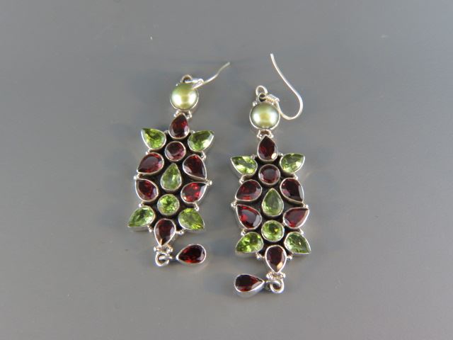 Appraisal: Peridot Garnet Earrings rich gems with pearl above sterling silver