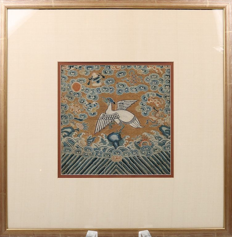 Appraisal: AN EMBROIDERED CRANE PANEL Depicting a crane in the center